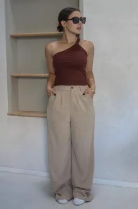 'Southington' One Shoulder Tank Top in Chocolate Brown