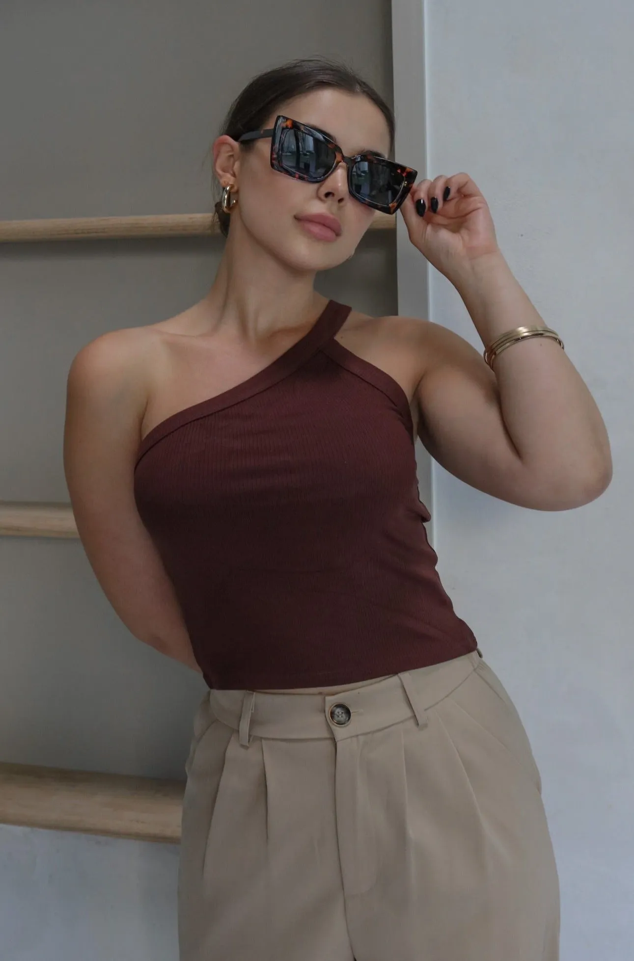 'Southington' One Shoulder Tank Top in Chocolate Brown