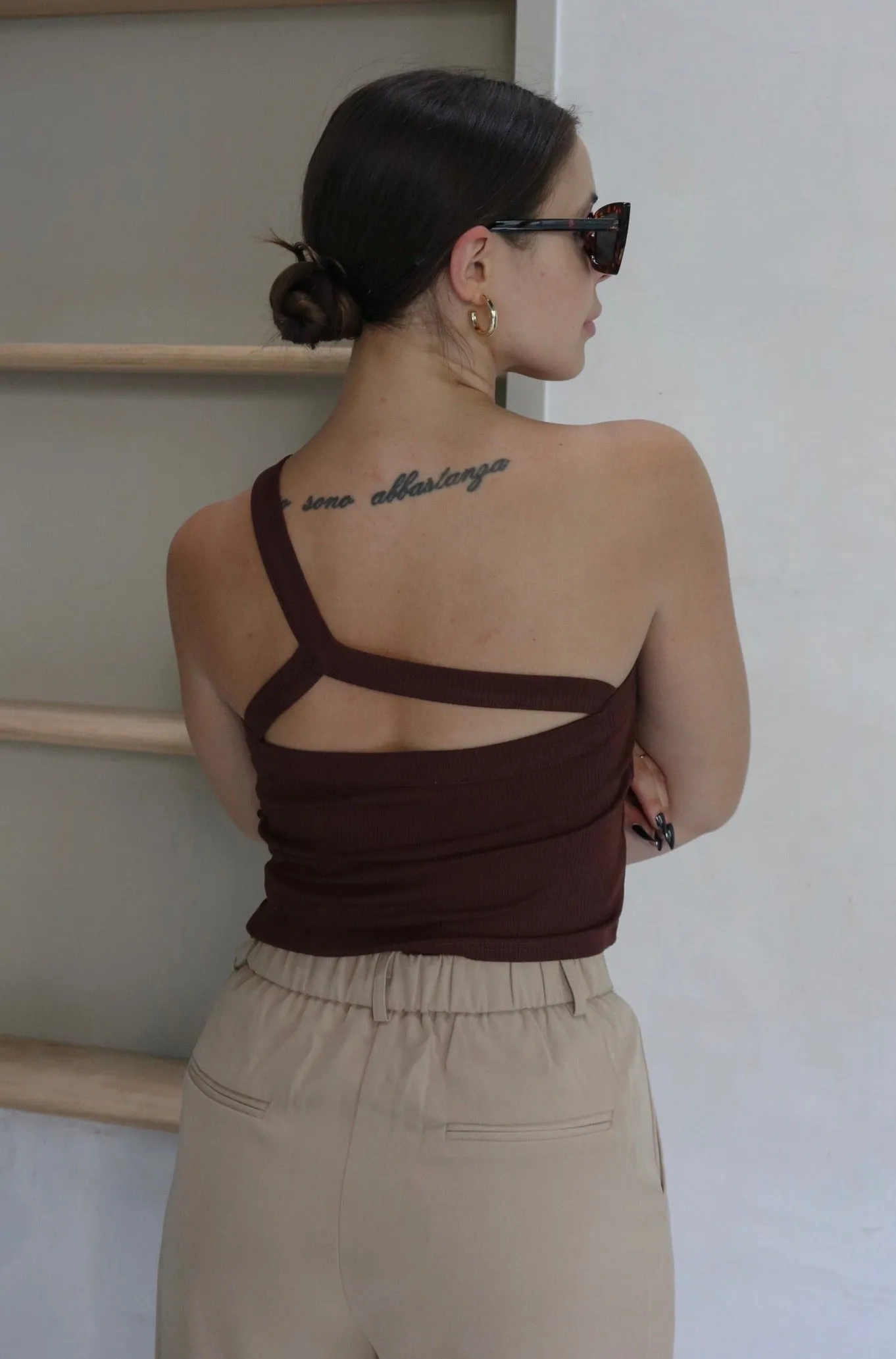 'Southington' One Shoulder Tank Top in Chocolate Brown
